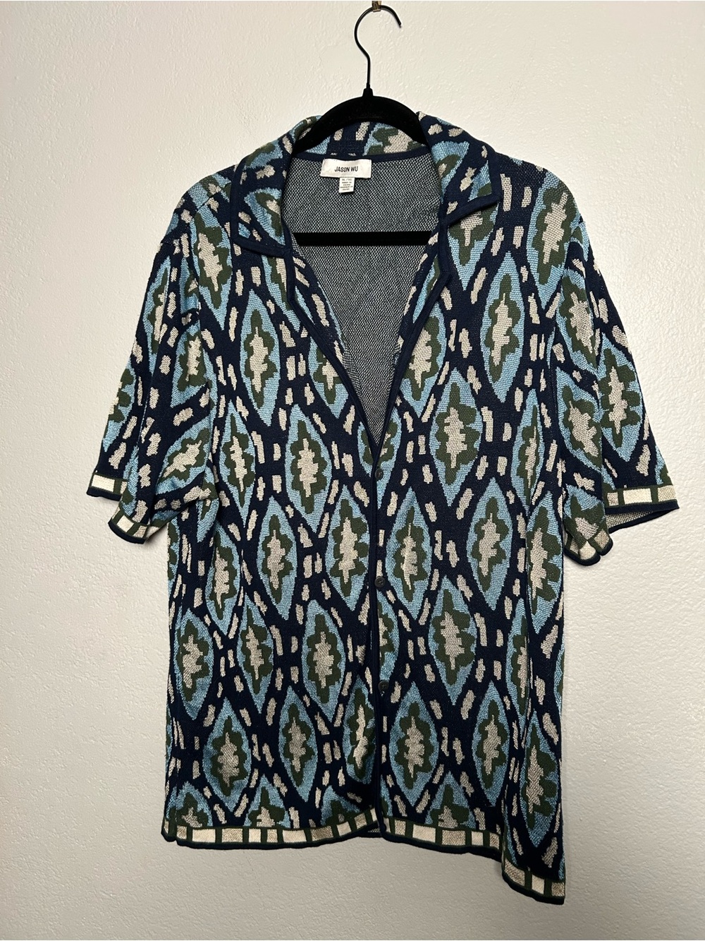 Jason Wu Blue & Olive Green Geometric Short-Sleeve Polo Thick Cotton Rayon XL